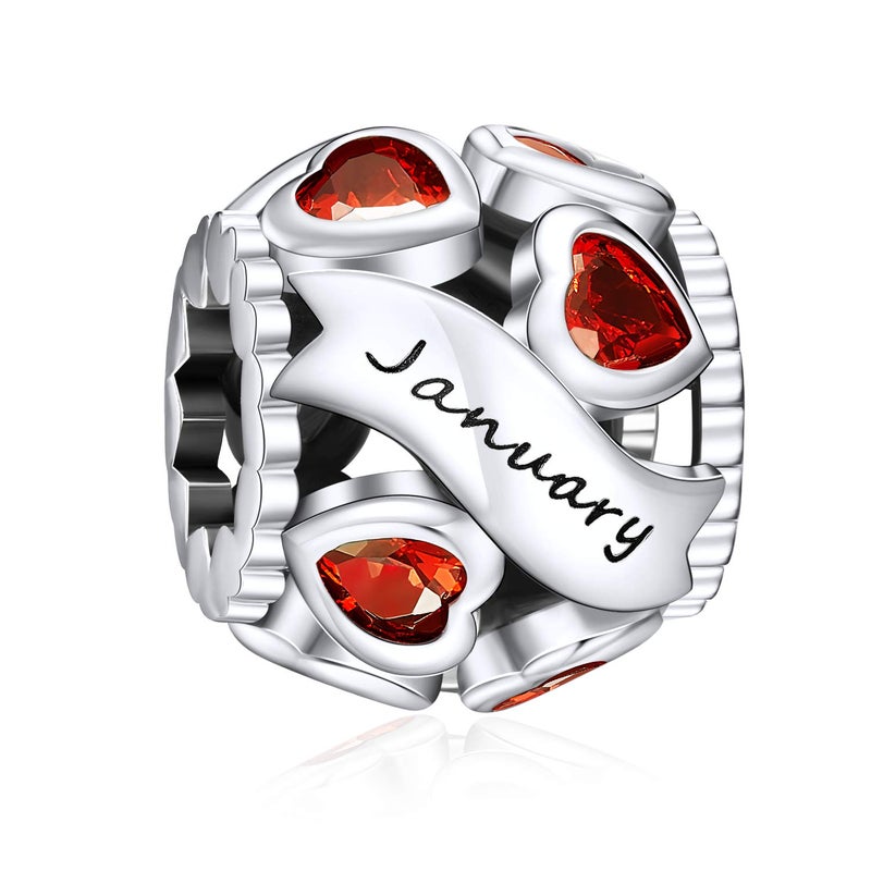 NINGAN January Birthstone Charms 925 Sterling Silver Love Heart Openwork Bead for Charm Bracelets and Necklaces with 5A Cubic Zirconia, Birthday Mothers Day Jewelry Gifts Women